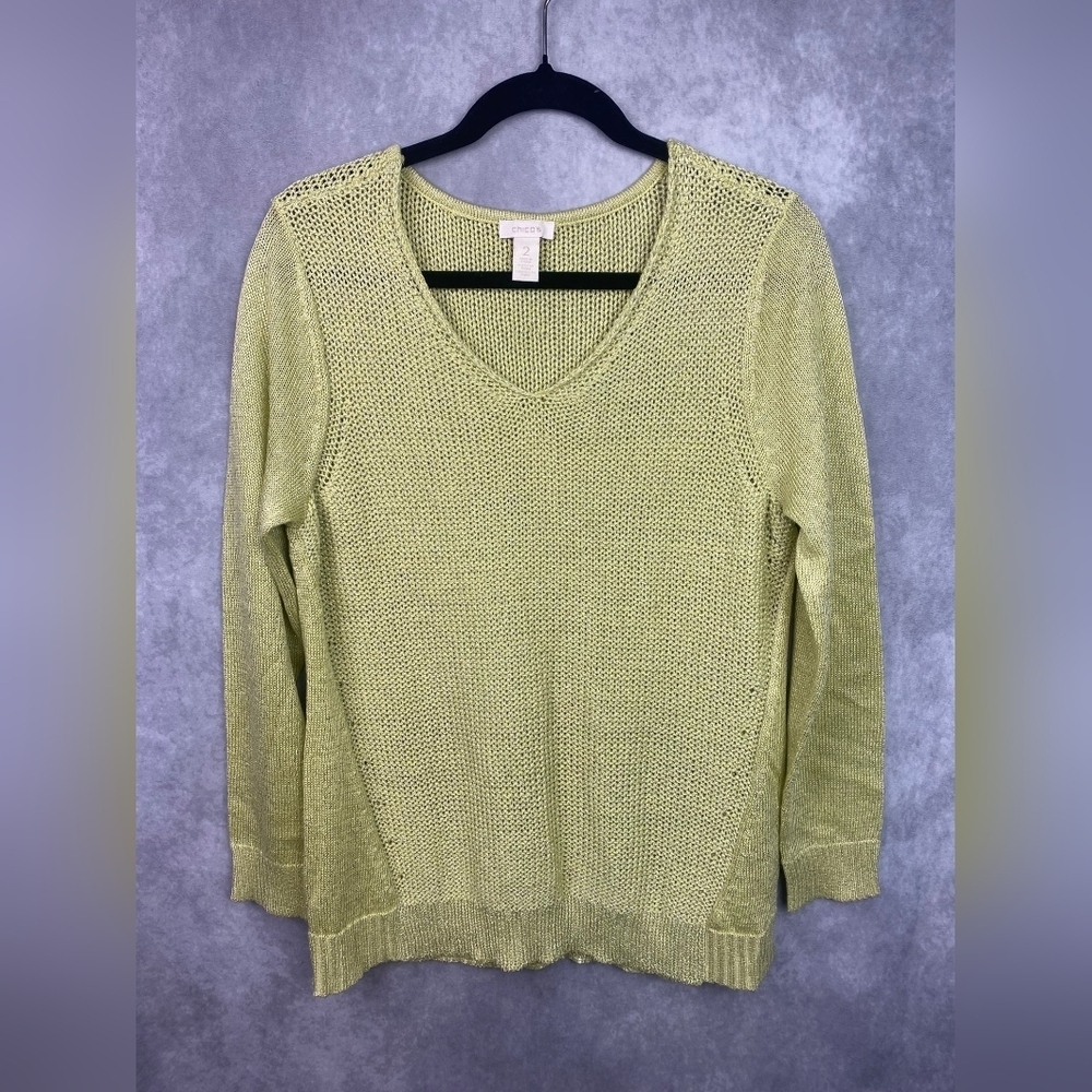 Chicos lime green knit sweater  sparkle in weave long sleeve V neckline Size L‎